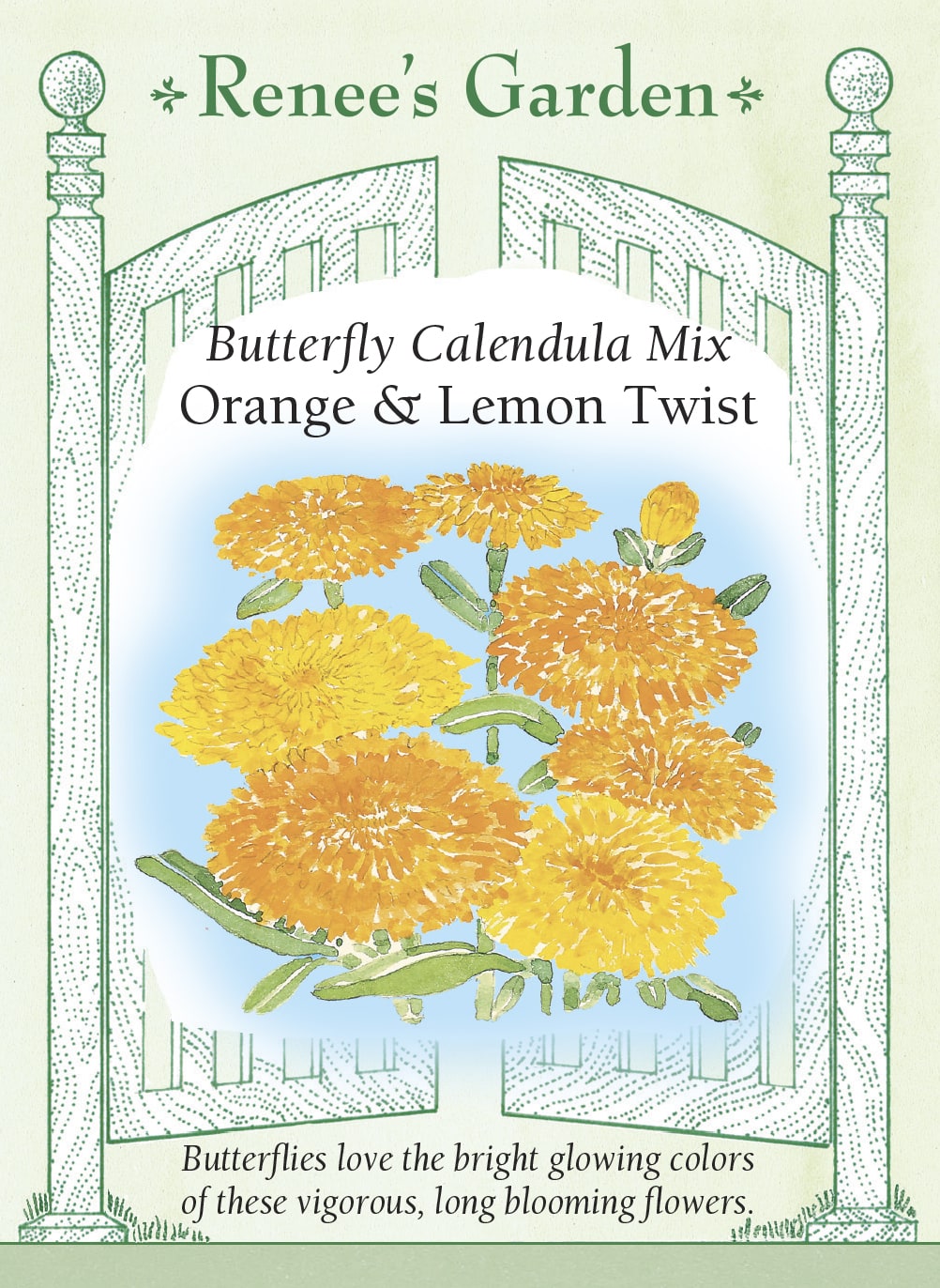 Visuel officiel de Renee's Garden associé aux semences de Calendules en mélange Orange et Lemon Twist, référence RN5966. Ce mélange associe de grandes fleurs orange et jaune doré sur des plants ramifiés d’environ 46 cm (18 po). Le semencier souligne leur intérêt pour la floraison estivale et les bouquets. Les pétales sont aussi présentés comme comestibles, à condition que les fleurs soient correctement identifiées et cultivées pour cet usage.