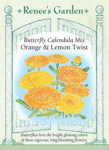 Visuel officiel de Renee's Garden associé aux semences de Calendules en mélange Orange et Lemon Twist, référence RN5966. Ce mélange associe de grandes fleurs orange et jaune doré sur des plants ramifiés d’environ 46 cm (18 po). Le semencier souligne leur intérêt pour la floraison estivale et les bouquets. Les pétales sont aussi présentés comme comestibles, à condition que les fleurs soient correctement identifiées et cultivées pour cet usage.