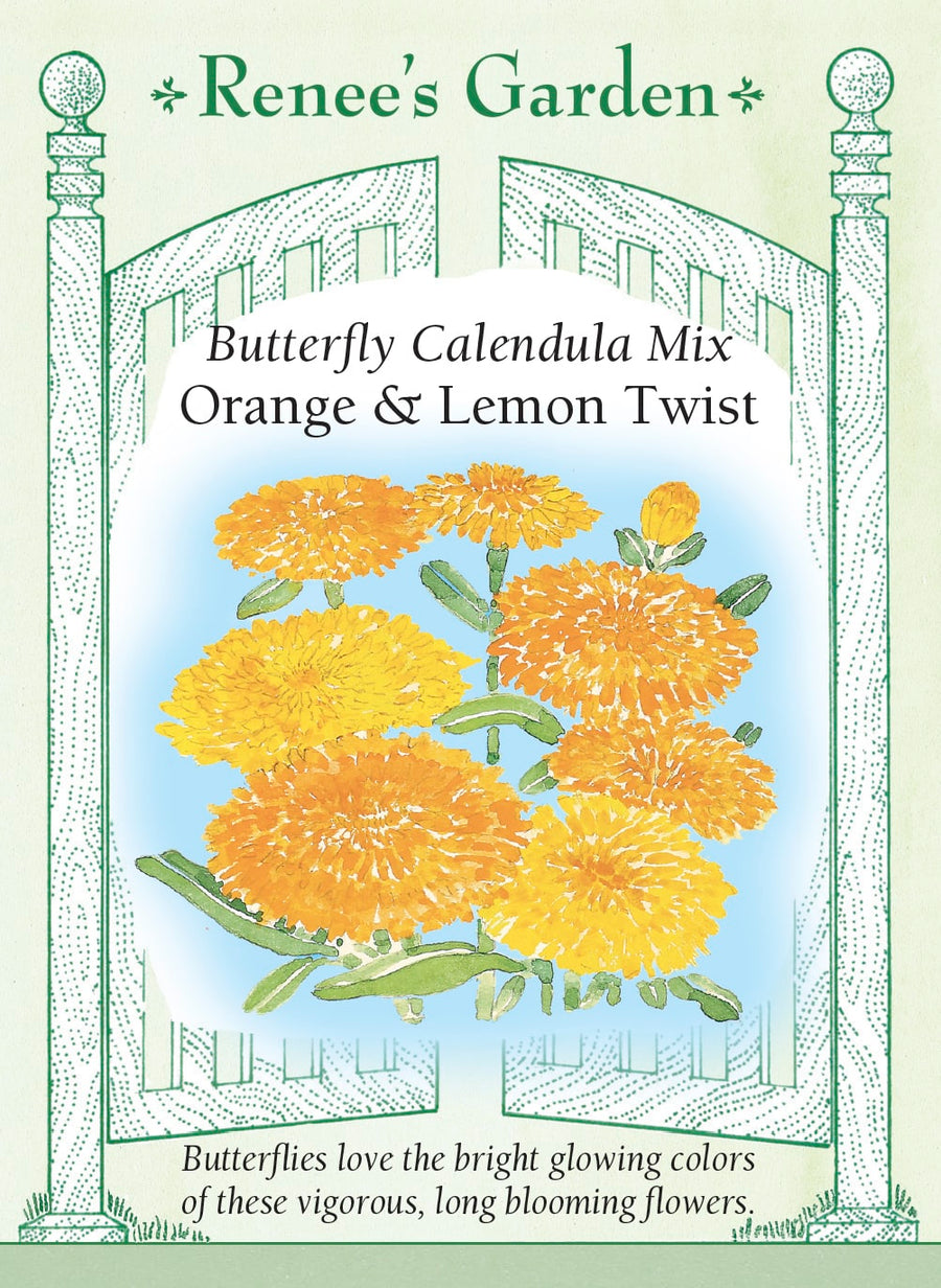 Visuel officiel de Renee's Garden associé aux semences de Calendules en mélange Orange et Lemon Twist, référence RN5966. Ce mélange associe de grandes fleurs orange et jaune doré sur des plants ramifiés d’environ 46 cm (18 po). Le semencier souligne leur intérêt pour la floraison estivale et les bouquets. Les pétales sont aussi présentés comme comestibles, à condition que les fleurs soient correctement identifiées et cultivées pour cet usage.