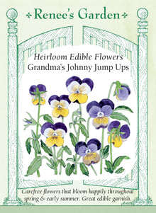 Visuel officiel de Renee's Garden associé aux semences de Pensées tricolores en mélange Grandma’s Johnny Jump Ups, référence RN5967. Les petites fleurs associent le violet, le mauve, le jaune et le blanc. Les plantes conviennent aux bordures et aux contenants et peuvent se ressemer. Les fleurs sont comestibles et peuvent décorer les plats.