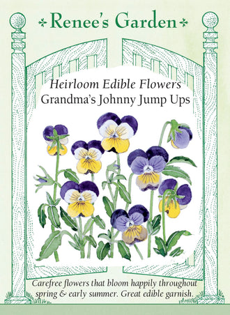 Visuel officiel de Renee's Garden associé aux semences de Pensées tricolores en mélange Grandma’s Johnny Jump Ups, référence RN5967. Les petites fleurs associent le violet, le mauve, le jaune et le blanc. Les plantes conviennent aux bordures et aux contenants et peuvent se ressemer. Les fleurs sont comestibles et peuvent décorer les plats.