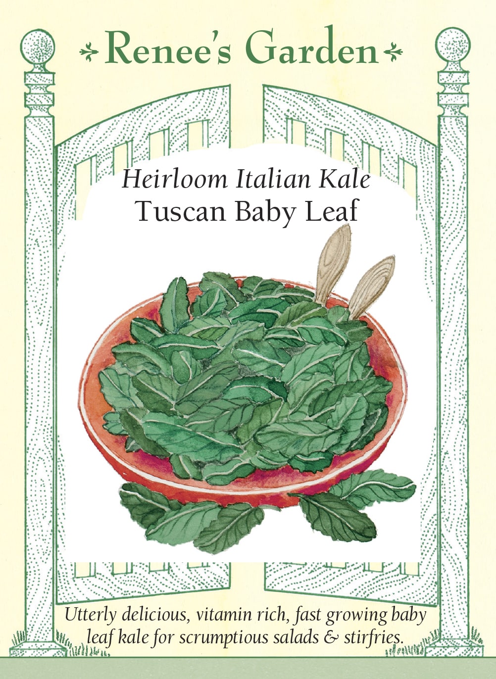 Visuel officiel de Renee's Garden pour les semences « Chou toscan pour jeunes feuilles Tuscan Baby Leaf », référence RN5971. Cette sélection de chou toscan est destinée à être coupée jeune. Le semencier propose une récolte lorsque les feuilles atteignent environ 10 à 13 cm (4 à 5 po), en laissant le cœur intact pour favoriser la repousse. Les jeunes feuilles présentent une texture plus tendre et une saveur plus douce que celles d’un chou pleinement développé.