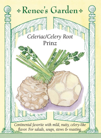 Visuel officiel de Renee's Garden pour les semences « Céleri-rave ‘Prinz’ », référence RN5975. Cette sélection allemande produit une grosse base renflée et noueuse, dont la chair blanche apparaît après l’épluchage. Sa saveur évoque un mélange doux de céleri et de persil. Le semencier souligne une texture fine et une bonne tenue au jardin avant la récolte. La chair se prête aux rémoulades, aux légumes rôtis, aux soupes et aux mijotés.