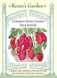 Visuel officiel de Renee's Garden pour les semences « Tomate ‘Inca Jewels’ », référence RN5979. Cette tomate de type Roma est sélectionnée pour les grands contenants et les petits jardins. Les plants atteignent environ 90 cm (3 pi), selon le semencier. Les fruits charnus peuvent être consommés frais ou transformés en sauce. Le port réduit ne dispense pas de prévoir un contenant stable et un soutien approprié.