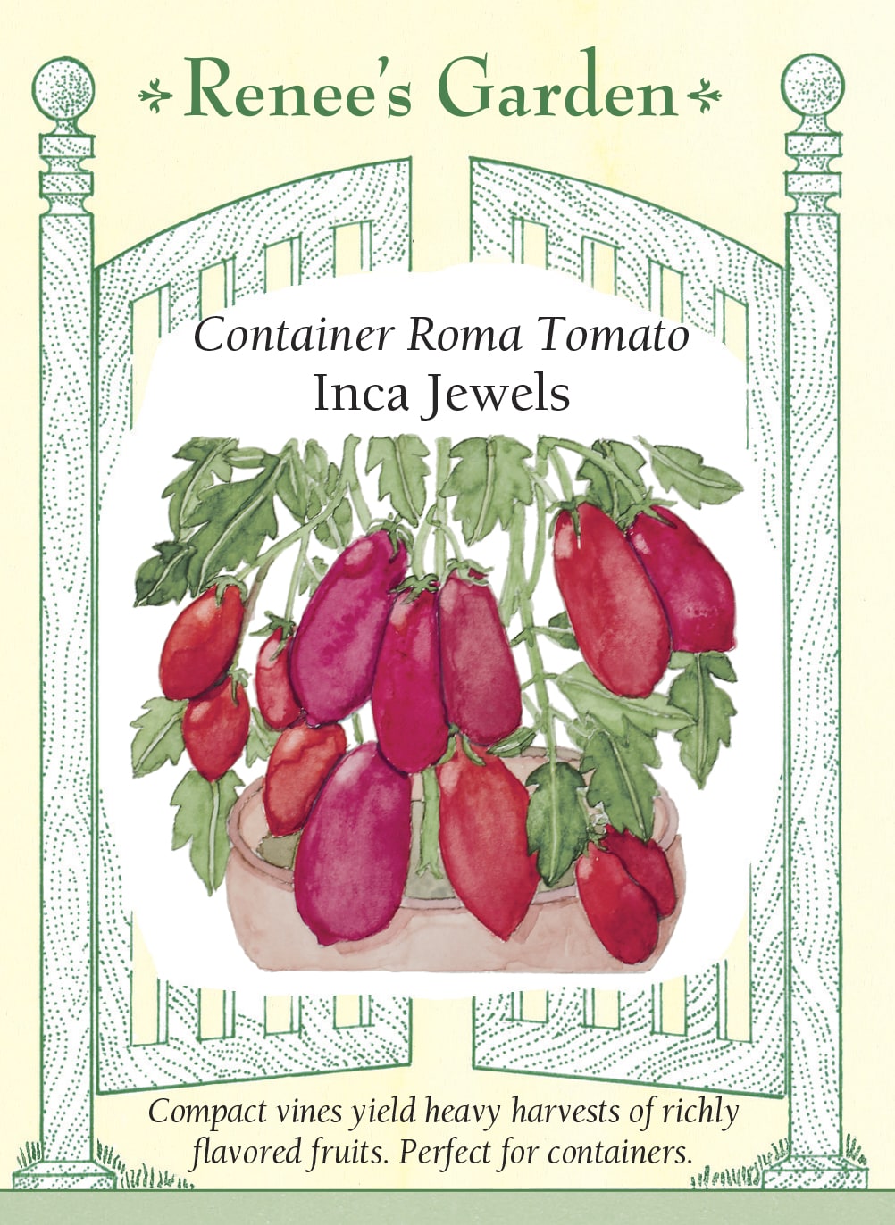 Visuel officiel de Renee's Garden pour les semences « Tomate ‘Inca Jewels’ », référence RN5979. Cette tomate de type Roma est sélectionnée pour les grands contenants et les petits jardins. Les plants atteignent environ 90 cm (3 pi), selon le semencier. Les fruits charnus peuvent être consommés frais ou transformés en sauce. Le port réduit ne dispense pas de prévoir un contenant stable et un soutien approprié.