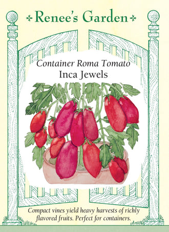 Visuel officiel de Renee's Garden pour les semences « Tomate ‘Inca Jewels’ », référence RN5979. Cette tomate de type Roma est sélectionnée pour les grands contenants et les petits jardins. Les plants atteignent environ 90 cm (3 pi), selon le semencier. Les fruits charnus peuvent être consommés frais ou transformés en sauce. Le port réduit ne dispense pas de prévoir un contenant stable et un soutien approprié.