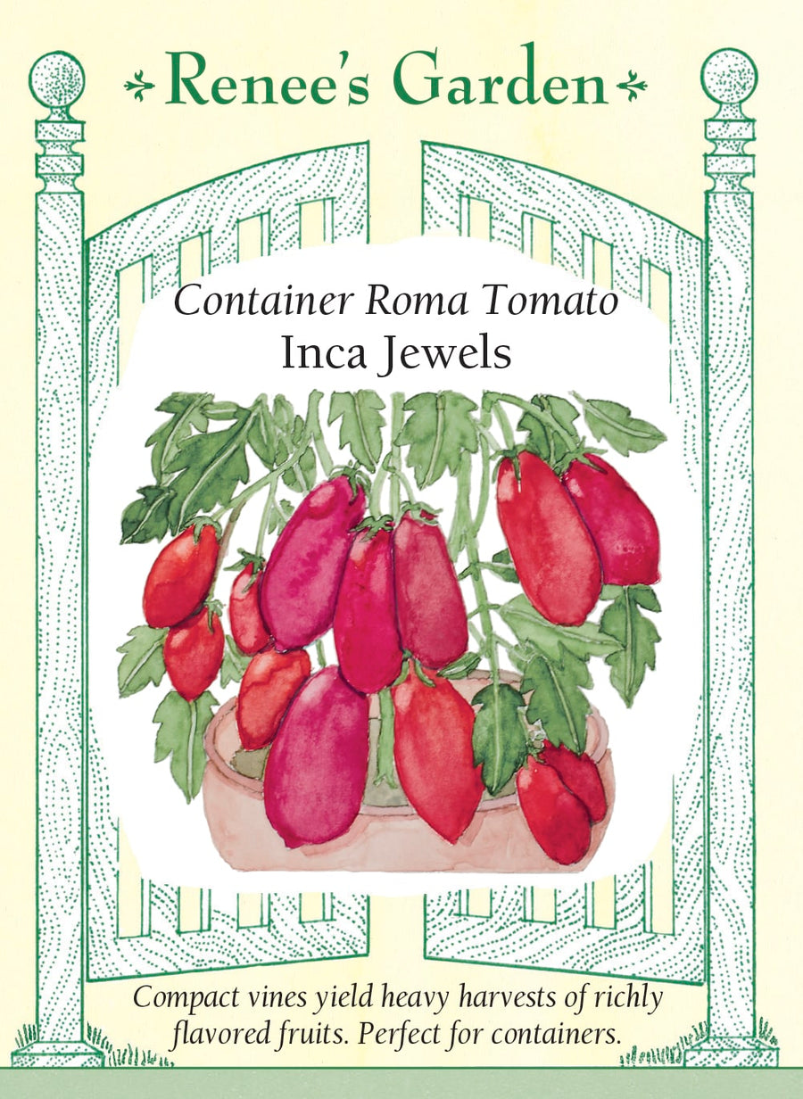 Visuel officiel de Renee's Garden pour les semences « Tomate ‘Inca Jewels’ », référence RN5979. Cette tomate de type Roma est sélectionnée pour les grands contenants et les petits jardins. Les plants atteignent environ 90 cm (3 pi), selon le semencier. Les fruits charnus peuvent être consommés frais ou transformés en sauce. Le port réduit ne dispense pas de prévoir un contenant stable et un soutien approprié.