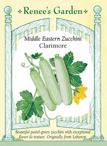 Visuel officiel de Renee's Garden pour les semences « Courgette ‘Clarimore’ », référence RN5980. ‘Clarimore’ produit des courgettes vert pastel à peau lisse et tendre. La chair est décrite comme crémeuse et douce. Le port compact facilite l’accès aux fruits pendant la récolte. Le semencier souligne une production précoce et recommande cette sélection pour différents usages culinaires, notamment les plats de courgettes cuits.