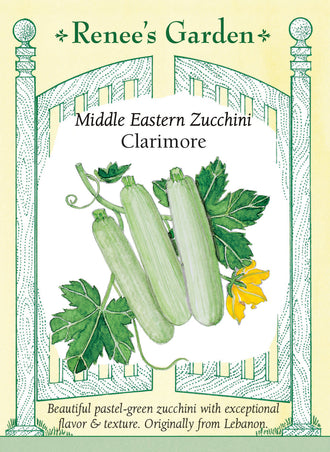 Visuel officiel de Renee's Garden pour les semences « Courgette ‘Clarimore’ », référence RN5980. ‘Clarimore’ produit des courgettes vert pastel à peau lisse et tendre. La chair est décrite comme crémeuse et douce. Le port compact facilite l’accès aux fruits pendant la récolte. Le semencier souligne une production précoce et recommande cette sélection pour différents usages culinaires, notamment les plats de courgettes cuits.