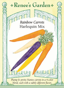 Visuel officiel de Renee's Garden pour les semences « Carottes en mélange Harlequin Mix », référence RN5984. Ce mélange de carottes de type Nantes comprend des racines orange, jaunes, blanches et pourpres. Le semencier décrit une chair croquante, aromatique et douce, ainsi qu’un feuillage robuste facilitant la récolte. Les couleurs peuvent présenter des nuances de saveur.