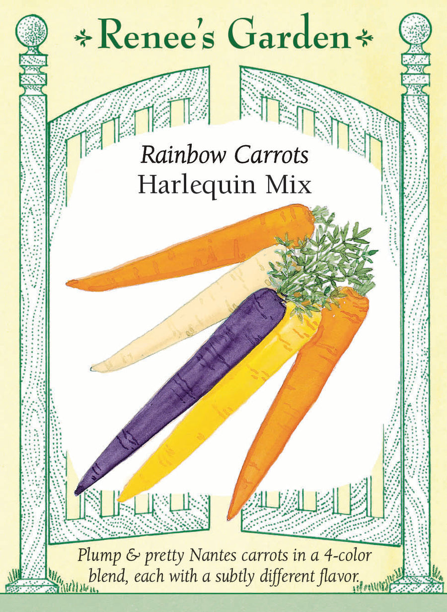 Visuel officiel de Renee's Garden pour les semences « Carottes en mélange Harlequin Mix », référence RN5984. Ce mélange de carottes de type Nantes comprend des racines orange, jaunes, blanches et pourpres. Le semencier décrit une chair croquante, aromatique et douce, ainsi qu’un feuillage robuste facilitant la récolte. Les couleurs peuvent présenter des nuances de saveur.