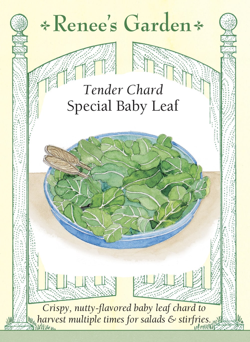 Visuel officiel de Renee's Garden pour les semences « Bette à carde pour jeunes feuilles Special Baby Leaf », référence RN5988. Cette sélection est destinée à une récolte de jeunes feuilles vertes. Le semencier propose de couper le feuillage lorsqu’il mesure environ 10 à 13 cm (4 à 5 po), en préservant le cœur pour permettre la repousse. La texture tendre et la saveur douce conviennent aux salades après lavage, ainsi qu’aux préparations rapidement sautées ou cuites à la vapeur.