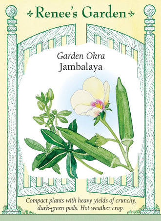 Visuel officiel de Renee's Garden pour les semences « Gombo ‘Jambalaya’ », référence RN5990. Ce gombo compact est décrit comme précoce et vigoureux lorsque la chaleur s’installe. Les fleurs décoratives sont suivies de gousses vertes régulières. Le semencier recommande de cueillir les gousses jeunes pour conserver leur tendreté. Elles se prêtent aux sautés, aux plats mijotés et aux autres préparations cuites adaptées au gombo.