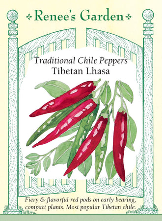 Visuel officiel de Renee's Garden pour les semences « Piment ‘Tibetan Lhasa’ », référence RN5992. Cette sélection porte de nombreux fruits droits d’environ 10 cm (4 po), passant du vert au rouge foncé. Le semencier décrit une saveur aromatique et piquante, ainsi qu’une production précoce et prolongée. Les piments peuvent être utilisés dans des sauces ou des condiments, en adaptant la quantité à la force du fruit.