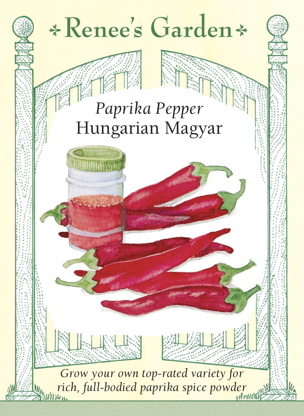 Visuel officiel de Renee's Garden pour les semences « Poivron à paprika ‘Hungarian Magyar’ », référence RN5993. Cette sélection hongroise produit des fruits minces et pointus d’environ 10 cm (4 po), qui deviennent rouge cramoisi. Le semencier la propose pour préparer un paprika doux après séchage complet et mouture. Les plants sont décrits comme précoces et productifs. Les fruits doivent atteindre leur couleur mature avant cet usage.