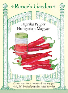 Visuel officiel de Renee's Garden pour les semences « Poivron à paprika ‘Hungarian Magyar’ », référence RN5993. Cette sélection hongroise produit des fruits minces et pointus d’environ 10 cm (4 po), qui deviennent rouge cramoisi. Le semencier la propose pour préparer un paprika doux après séchage complet et mouture. Les plants sont décrits comme précoces et productifs. Les fruits doivent atteindre leur couleur mature avant cet usage.