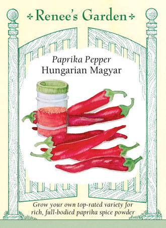 Visuel officiel de Renee's Garden pour les semences « Poivron à paprika ‘Hungarian Magyar’ », référence RN5993. Cette sélection hongroise produit des fruits minces et pointus d’environ 10 cm (4 po), qui deviennent rouge cramoisi. Le semencier la propose pour préparer un paprika doux après séchage complet et mouture. Les plants sont décrits comme précoces et productifs. Les fruits doivent atteindre leur couleur mature avant cet usage.