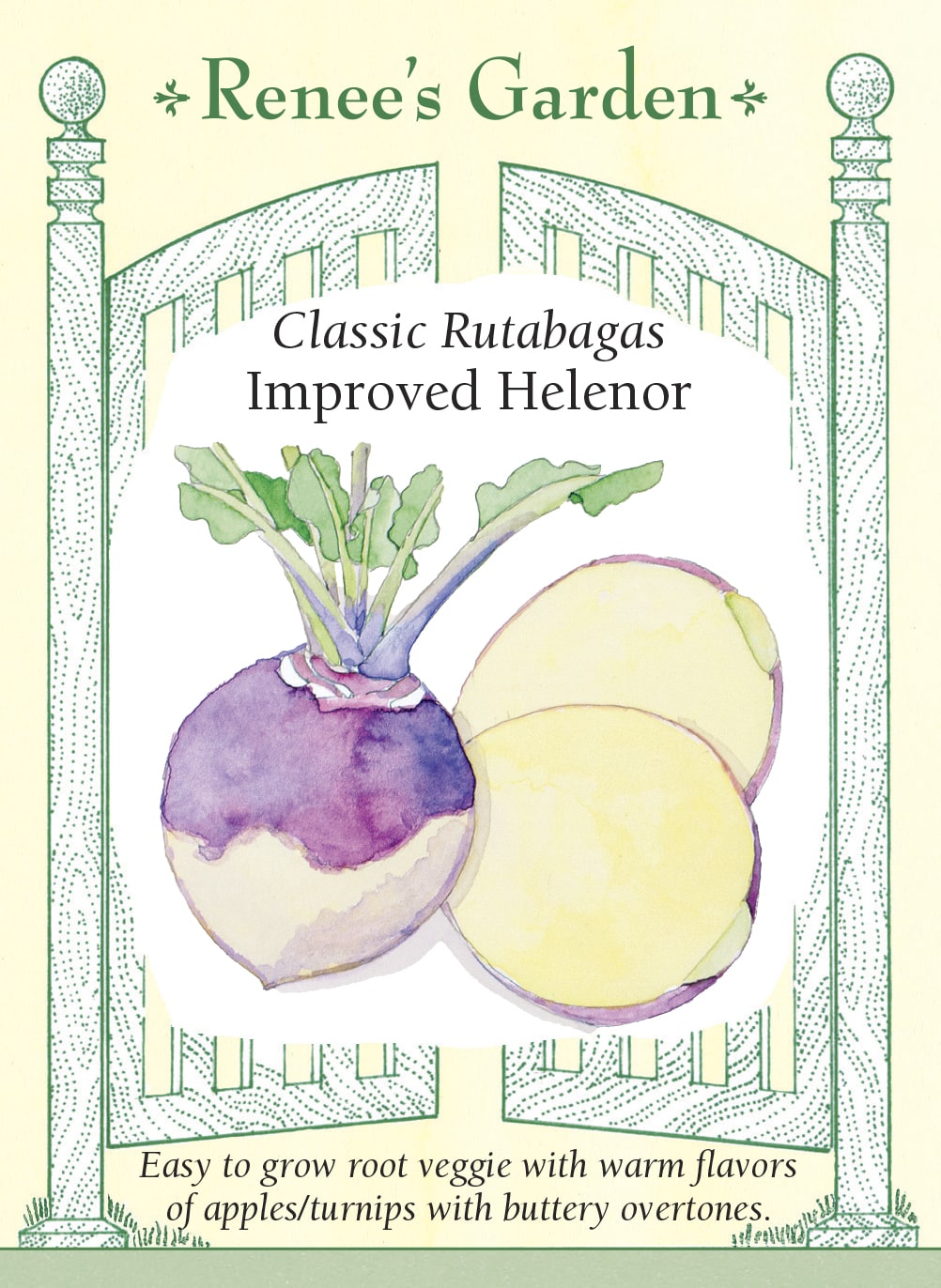Visuel officiel de Renee's Garden pour les semences « Rutabaga ‘Helenor’ », référence RN5995. Ce rutabaga néerlandais forme des racines crème teintées de violet, à chair jaune. Le semencier souligne une texture fine et une saveur douce. Les racines peuvent être récoltées à différents calibres selon l’usage souhaité. Elles se prêtent aux préparations rôties ou sautées, ainsi qu’aux plats habituels de légumes-racines.
