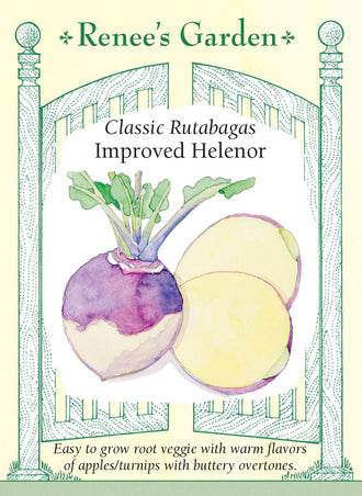 Visuel officiel de Renee's Garden pour les semences « Rutabaga ‘Helenor’ », référence RN5995. Ce rutabaga néerlandais forme des racines crème teintées de violet, à chair jaune. Le semencier souligne une texture fine et une saveur douce. Les racines peuvent être récoltées à différents calibres selon l’usage souhaité. Elles se prêtent aux préparations rôties ou sautées, ainsi qu’aux plats habituels de légumes-racines.