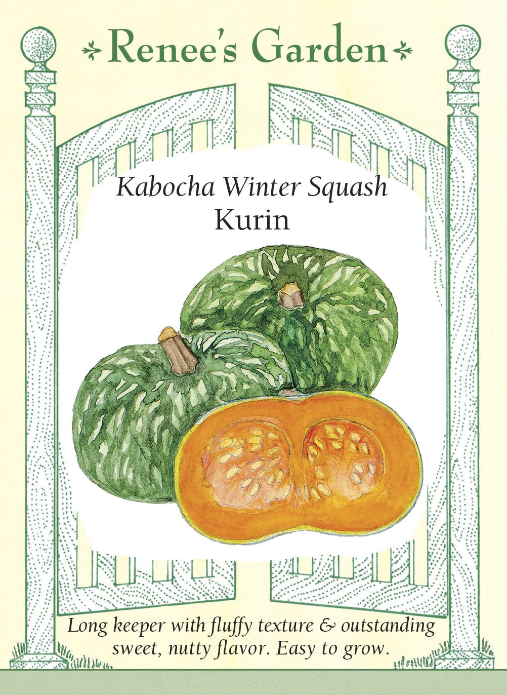Visuel officiel de Renee's Garden pour les semences « Courge kabocha ‘Kurin’ », référence RN5996. ‘Kurin’ possède une chair orange intense, à texture souple et à saveur douce rappelant la noisette. Le semencier la propose pour une conservation de plusieurs mois lorsque les fruits sont mûrs et entreposés correctement. Les tiges peuvent être conduites sur un support solide. Les fruits se destinent à la cuisine.