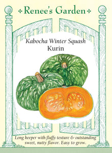 Visuel officiel de Renee's Garden pour les semences « Courge kabocha ‘Kurin’ », référence RN5996. ‘Kurin’ possède une chair orange intense, à texture souple et à saveur douce rappelant la noisette. Le semencier la propose pour une conservation de plusieurs mois lorsque les fruits sont mûrs et entreposés correctement. Les tiges peuvent être conduites sur un support solide. Les fruits se destinent à la cuisine.