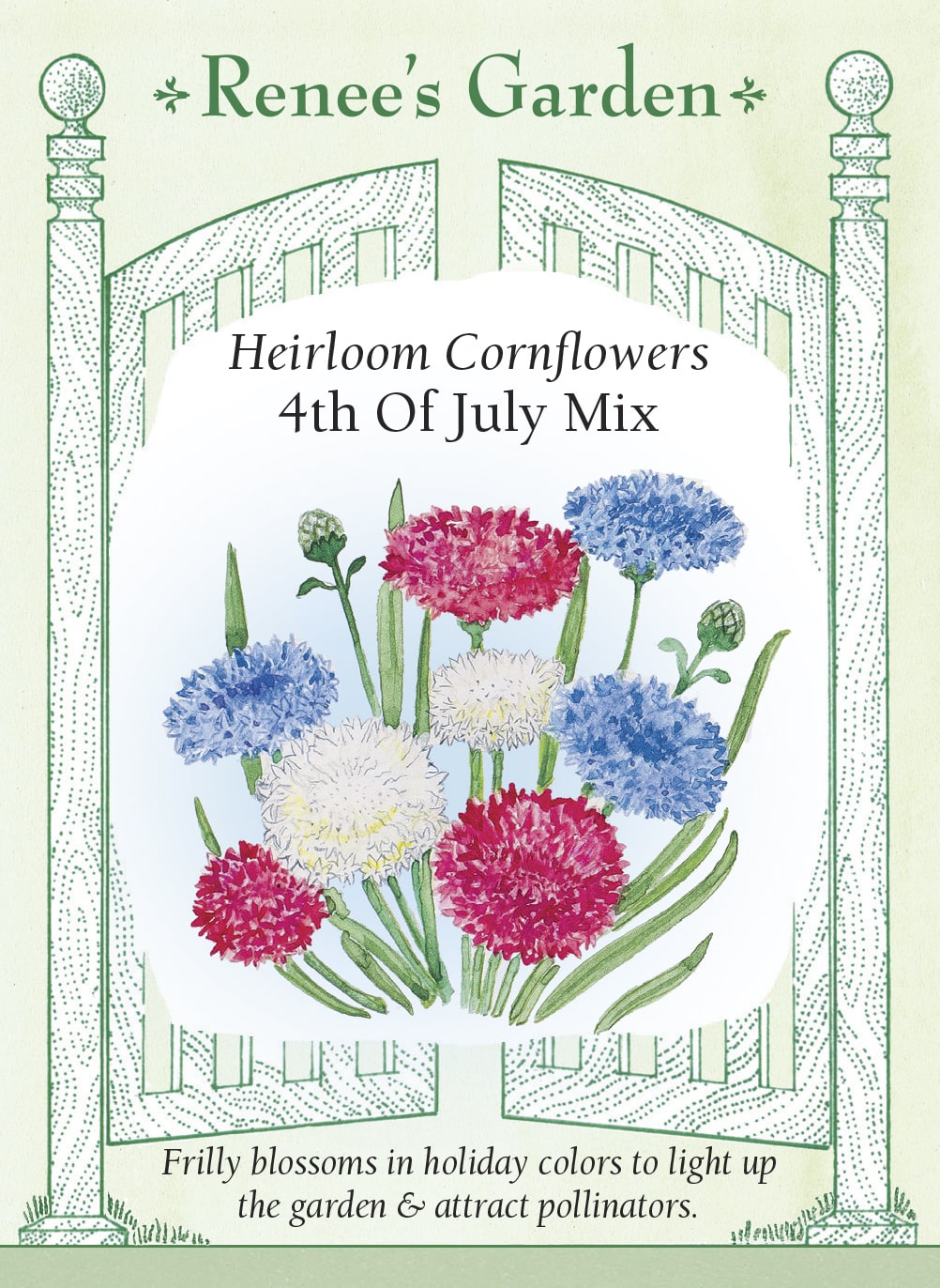 Visuel officiel de Renee's Garden associé aux semences de Centaurées en mélange 4th of July, référence RN5997. Ce mélange associe des fleurs bleues, rouges et blanches, aux pétales finement découpés. Le semencier le propose pour une floraison de fin de printemps et de début d’été. Les tiges peuvent être coupées pour les bouquets. Les trois couleurs apportent un contraste dans les plates-bandes de style champêtre.