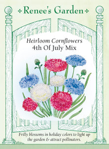 Visuel officiel de Renee's Garden associé aux semences de Centaurées en mélange 4th of July, référence RN5997. Ce mélange associe des fleurs bleues, rouges et blanches, aux pétales finement découpés. Le semencier le propose pour une floraison de fin de printemps et de début d’été. Les tiges peuvent être coupées pour les bouquets. Les trois couleurs apportent un contraste dans les plates-bandes de style champêtre.