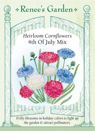 Visuel officiel de Renee's Garden associé aux semences de Centaurées en mélange 4th of July, référence RN5997. Ce mélange associe des fleurs bleues, rouges et blanches, aux pétales finement découpés. Le semencier le propose pour une floraison de fin de printemps et de début d’été. Les tiges peuvent être coupées pour les bouquets. Les trois couleurs apportent un contraste dans les plates-bandes de style champêtre.