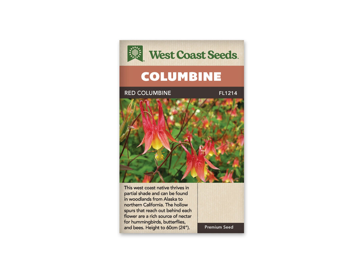 Sachet Red Columbine de West Coast Seeds sur fond blanc. La photo montre des fleurs rouges penchées, avec de longs éperons pointés vers le haut et des centres jaunes tournés vers le bas. Des feuilles vertes et d’autres fleurs se voient derrière. Le bandeau orangé indique Columbine et la référence FL1214 figure dans la bande brune.