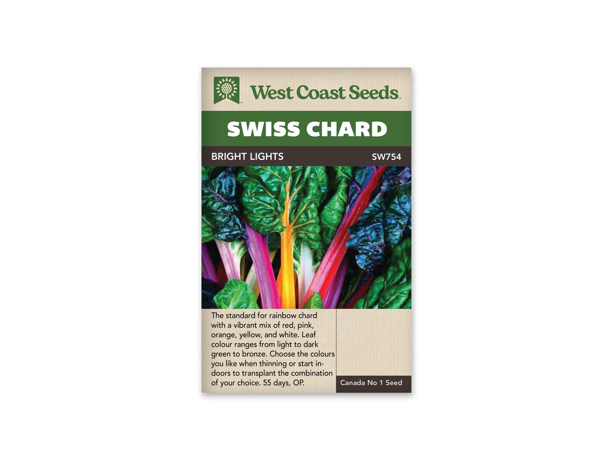 Sachet West Coast Seeds Bright Lights illustré de cardes roses, rouges, jaunes et blanches. Elles portent de grandes feuilles vertes à très foncées, dont les surfaces sont gaufrées et brillantes. Les pétioles colorés se croisent dans la photo. Le nom Bright Lights figure dans le bandeau brun sous le titre Swiss Chard.