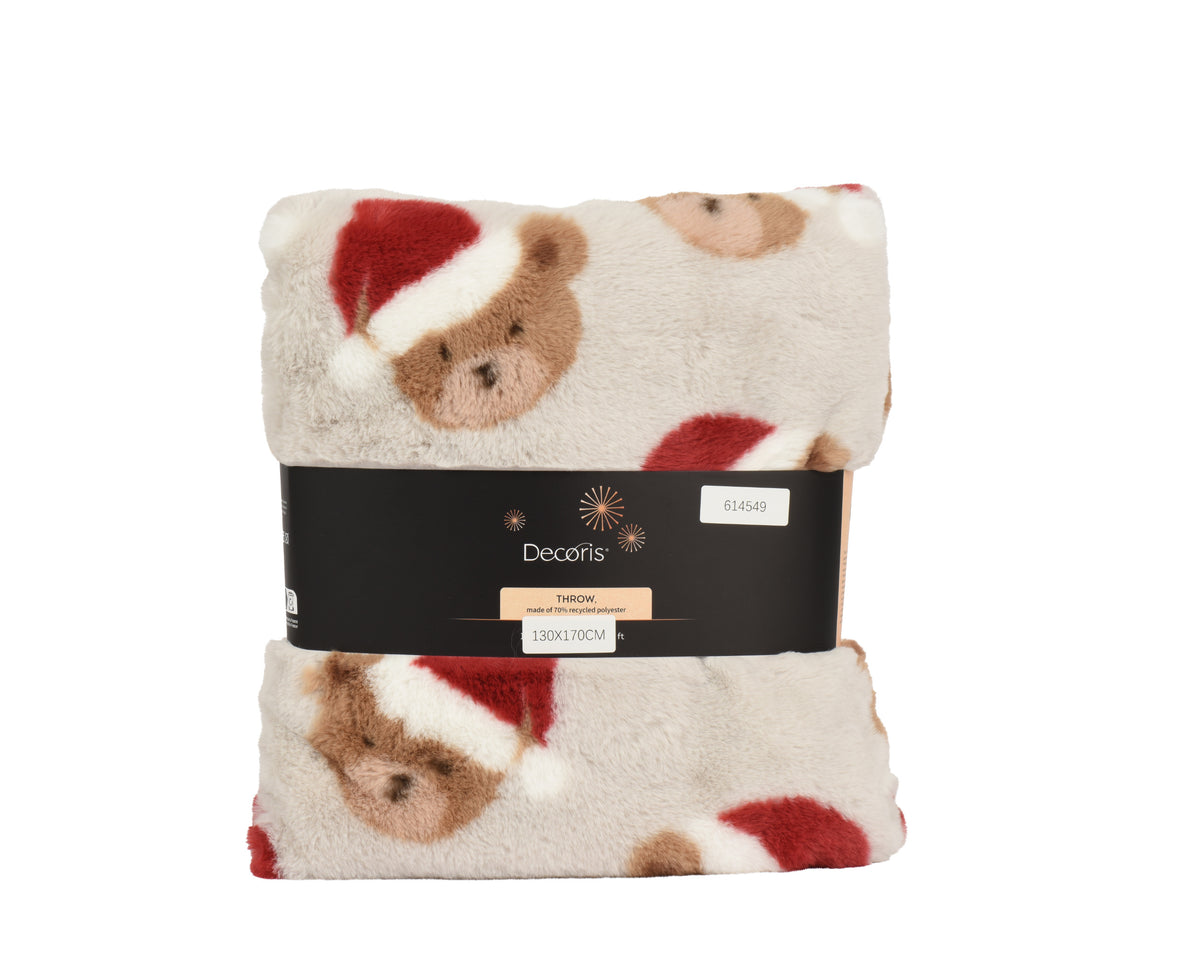 Plaid de Noël en flanelle à motif d’ours – Beige