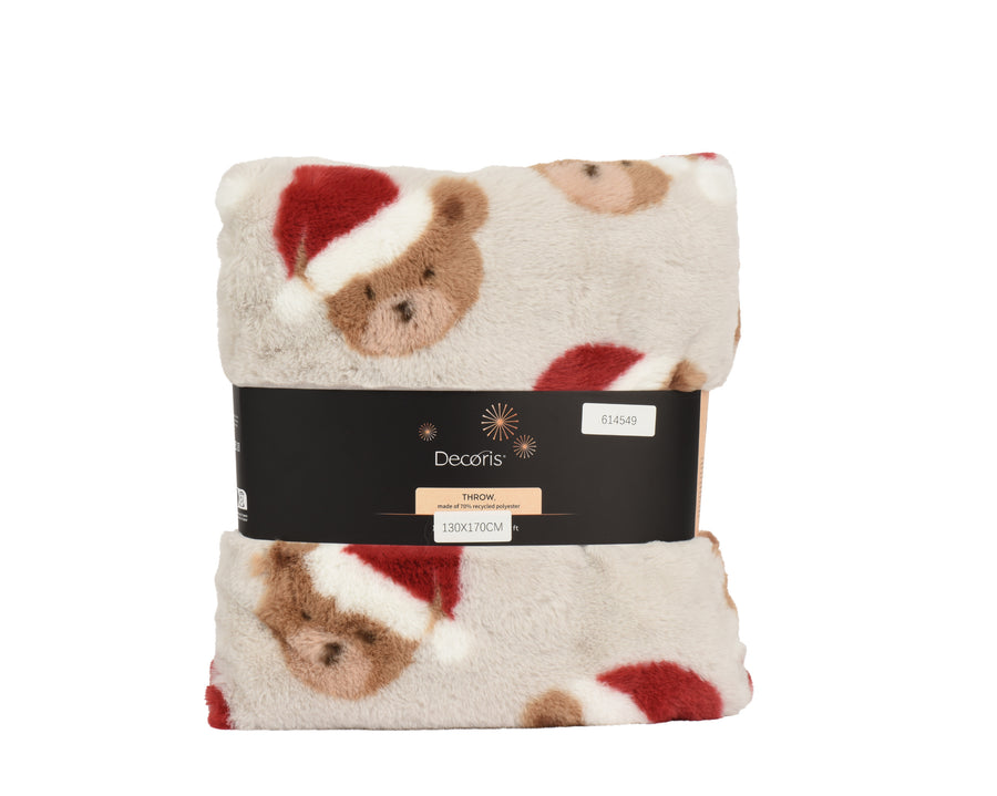 Plaid de Noël en flanelle à motif d’ours – Beige