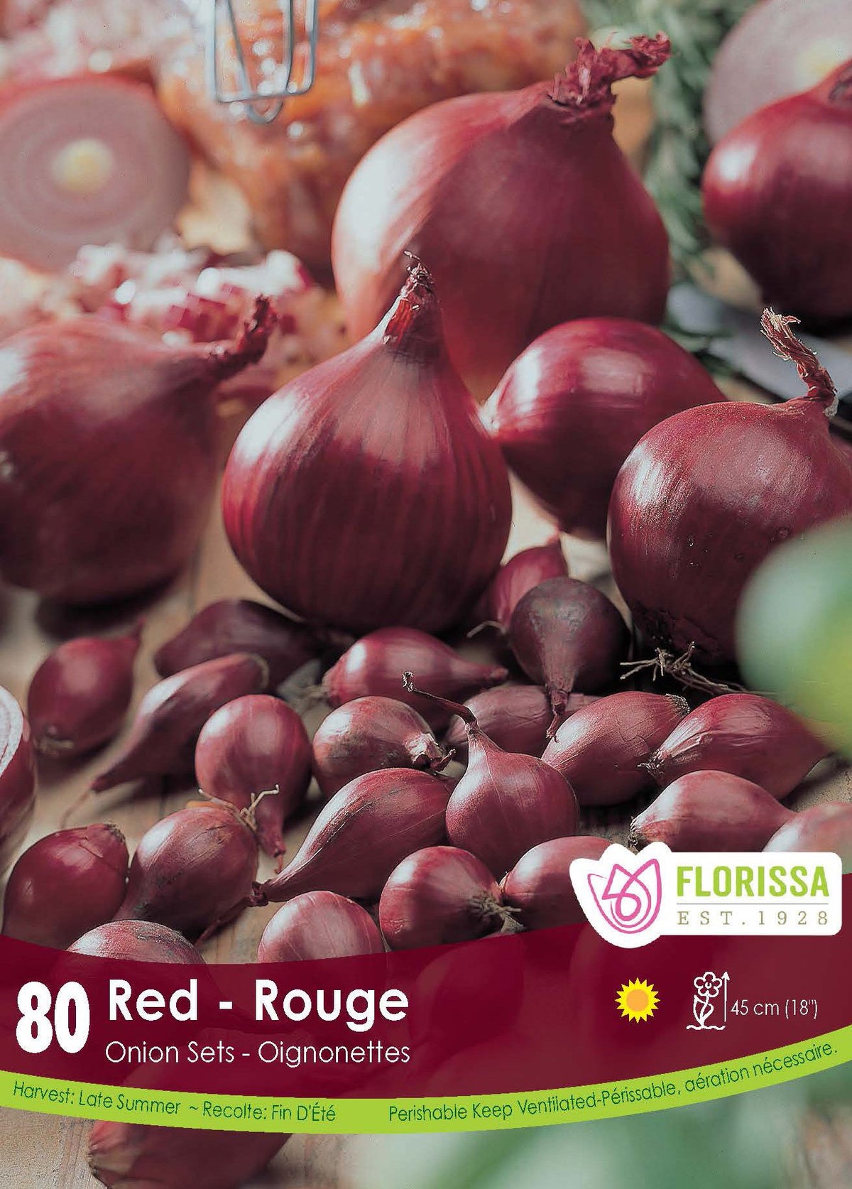 Oignon ‘Rouge’ ( Allium ) : des oignons rouges de plusieurs tailles. Le visuel Florissa présente la plante et son nom dans la partie inférieure de l’étiquette. La photographie occupe presque toute la surface, tandis que le bandeau du bas rassemble les indications du produit. Cette vue permet de reconnaître son apparence et de distinguer la variété présentée.