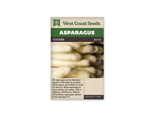Sachet de semences d’asperge Voltaire de West Coast Seeds, présenté de face sur fond blanc. Le nom Voltaire et la référence AS110 apparaissent sous le bandeau vert Asparagus. La photographie centrale montre un ensemble de turions blancs à pointes fermées, avec quelques nuances mauves sur certaines extrémités. La partie beige inférieure porte des renseignements en anglais sur la production d’asperges blanches et vertes.