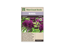 Sachet West Coast Seeds de Basilic ‘Cardinal’, présenté de face sur fond blanc. La photographie montre plusieurs grosses inflorescences pourpres et rouge sombre entourées de feuilles vertes. Le contraste entre les grappes florales denses et le feuillage domine l’image du sachet. Un bandeau mauve indique BASIL, au-dessus du nom imprimé sur fond foncé. Le bas beige contient un texte descriptif en anglais.