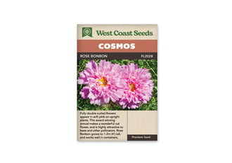 Sachet Rose Bonbon de West Coast Seeds sur fond blanc. La photo montre deux grandes fleurs roses aux nombreux pétales froissés, avec des centres jaunes visibles. Un feuillage vert très fin remplit l’arrière-plan. Le bandeau orangé porte le mot Cosmos; Rose Bonbon et la référence FL2028 apparaissent dans la bande brune au-dessus de la photo.