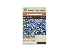 Sachet Baby Blue-Eyes de West Coast Seeds sur fond blanc. La photo montre un tapis de petites fleurs bleu clair à centre blanc, au-dessus de feuilles vertes découpées. De fines tiges séparent les fleurs, dont plusieurs sont tournées vers le haut. Le bandeau orange indique Nemophila; la bande brune porte Baby Blue-Eyes et le code FL2043.