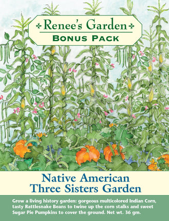 Visuel officiel de Renee's Garden associé aux semences de Trio potager Three Sisters, référence RN8171. Cet ensemble comprend le maïs Earth-Tones Indian Dent, le haricot grimpant Rattlesnake et la citrouille Sugar Pie. Il permet de découvrir une association traditionnelle de maïs, de haricots et de courges. Les trois cultures possèdent des ports et des usages culinaires complémentaires.