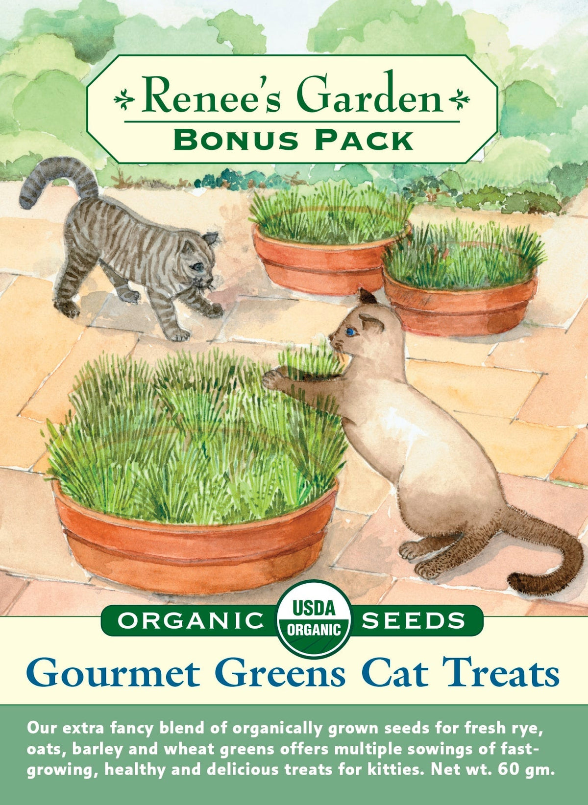 Visuel officiel de Renee's Garden associé aux semences de Mélange de graminées Cat Treats Grass, référence RN8172. Le mélange contient à parts égales du seigle, de l’avoine, de l’orge et du blé. Ces céréales produisent de jeunes feuilles vertes et peuvent être semées successivement dans des pots. Le grand format est destiné à plusieurs semis d’herbe pour chats.