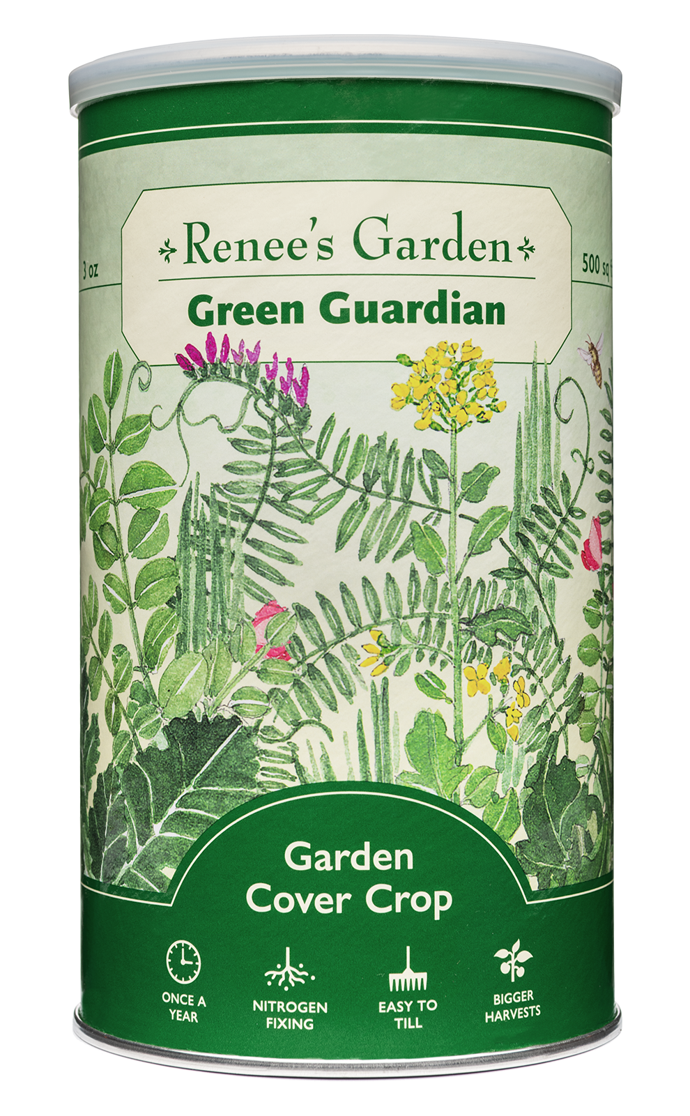 Visuel officiel de Renee's Garden associé aux semences de Mélange d’engrais verts Cover Crop, référence RN8181. Ce mélange associe des légumineuses, des graminées annuelles et des brassicacées. Il forme un couvert destiné à protéger la structure du sol et à apporter de la matière organique. Le format contient environ 85 g (3 oz) pour environ 46 m² (500 pi²).