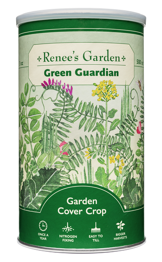 Visuel officiel de Renee's Garden associé aux semences de Mélange d’engrais verts Cover Crop, référence RN8181. Ce mélange associe des légumineuses, des graminées annuelles et des brassicacées. Il forme un couvert destiné à protéger la structure du sol et à apporter de la matière organique. Le format contient environ 85 g (3 oz) pour environ 46 m² (500 pi²).