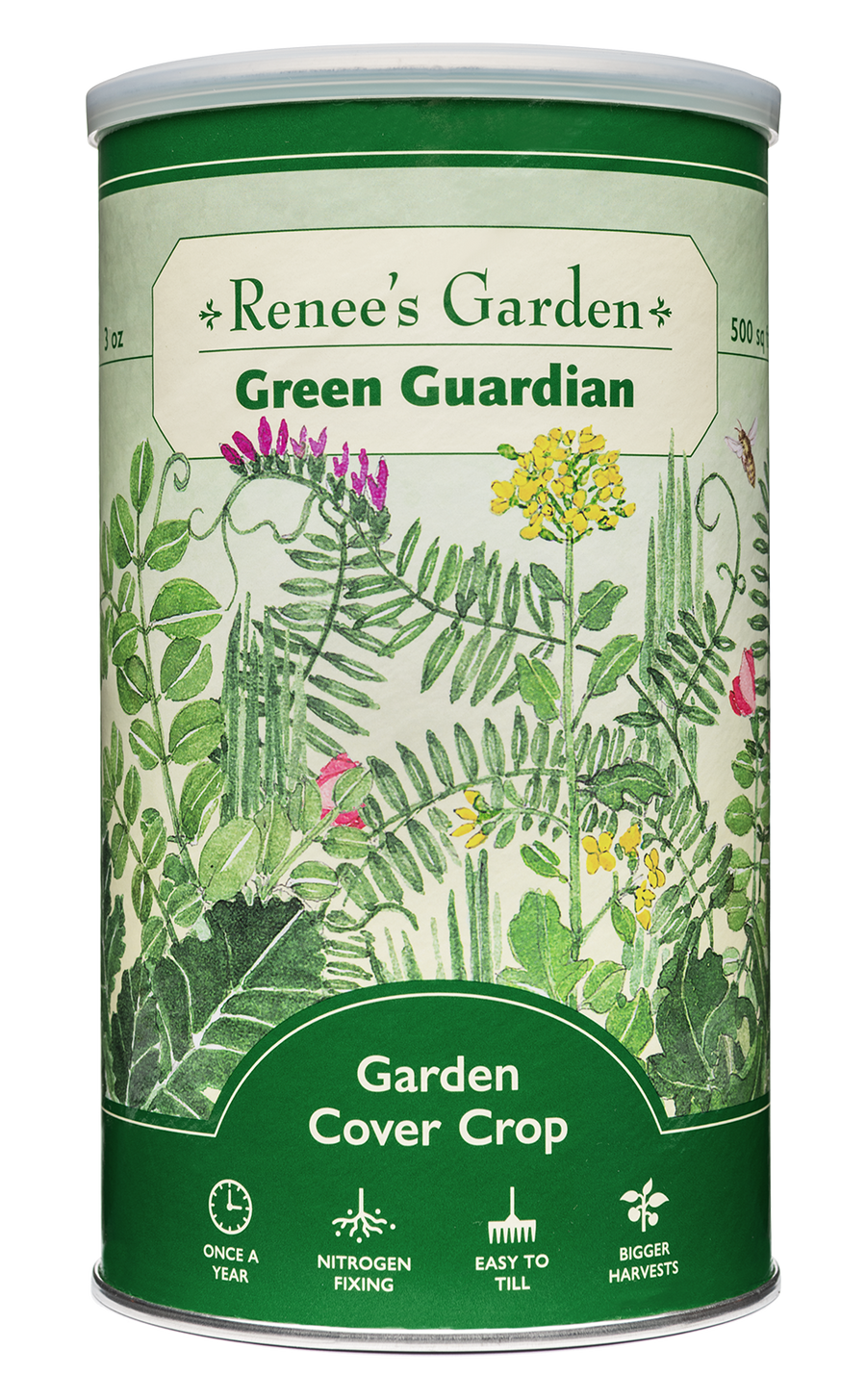 Visuel officiel de Renee's Garden associé aux semences de Mélange d’engrais verts Cover Crop, référence RN8181. Ce mélange associe des légumineuses, des graminées annuelles et des brassicacées. Il forme un couvert destiné à protéger la structure du sol et à apporter de la matière organique. Le format contient environ 85 g (3 oz) pour environ 46 m² (500 pi²).