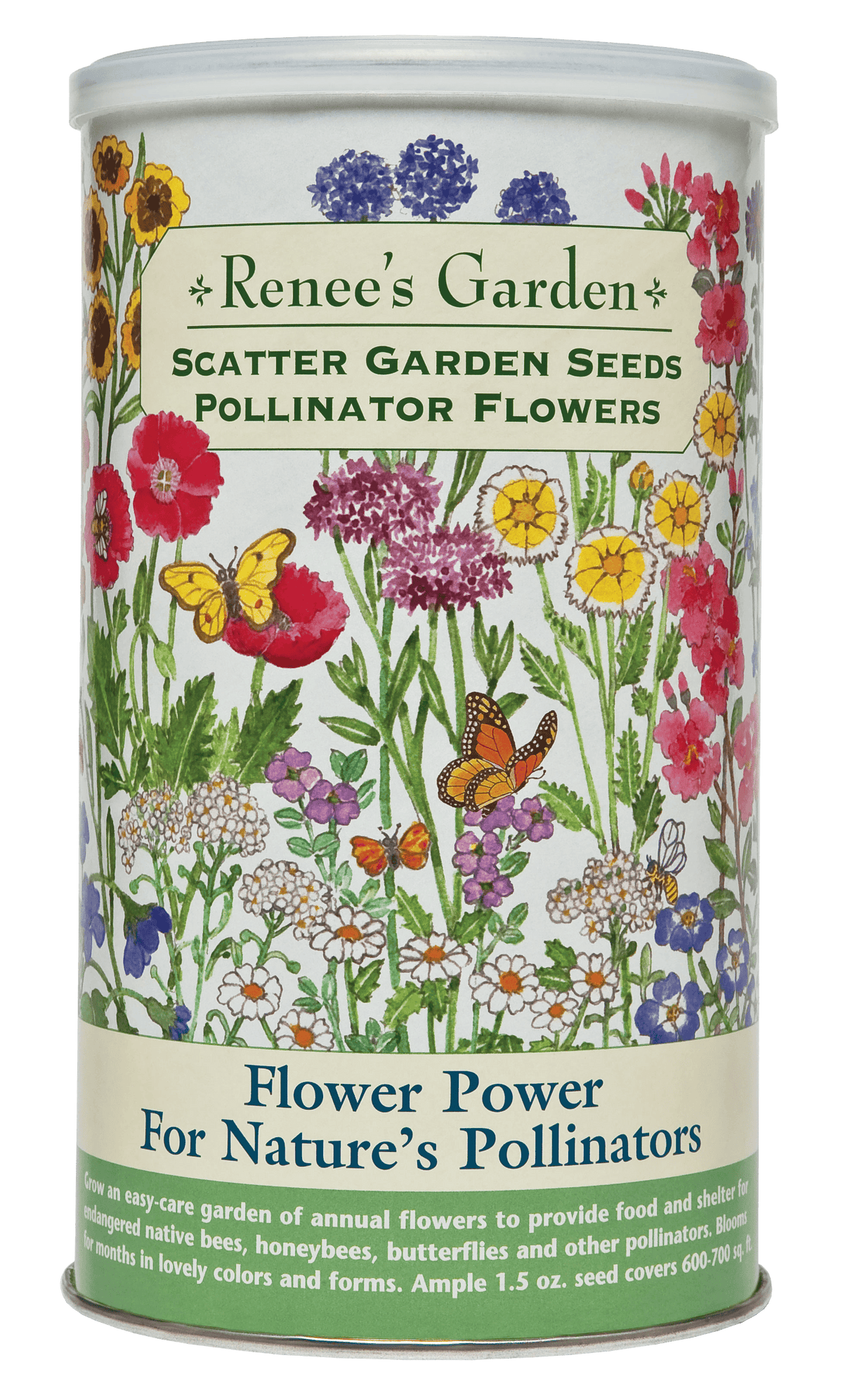Visuel officiel de Renee's Garden associé aux semences de Mélange de fleurs Pollinators, référence RN8182. Ce mélange de fleurs annuelles en boîte à semer est destiné aux pollinisateurs. Les couleurs et les formes se succèdent au jardin. Le format annoncé contient environ 43 g (1,5 oz) pour une surface d’environ 56 à 65 m² (600 à 700 pi²).