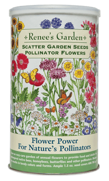 Visuel officiel de Renee's Garden associé aux semences de Mélange de fleurs Pollinators, référence RN8182. Ce mélange de fleurs annuelles en boîte à semer est destiné aux pollinisateurs. Les couleurs et les formes se succèdent au jardin. Le format annoncé contient environ 43 g (1,5 oz) pour une surface d’environ 56 à 65 m² (600 à 700 pi²).