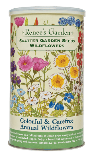 Visuel officiel de Renee's Garden associé aux semences de Mélange de fleurs Wildflowers, référence RN8186. Ce mélange de fleurs annuelles aux couleurs variées est proposé en boîte à semer. Les floraisons successives donnent une allure naturelle aux espaces ouverts. Le format annoncé contient environ 50 g (1,8 oz) de semences pour environ 46 m² (500 pi²).