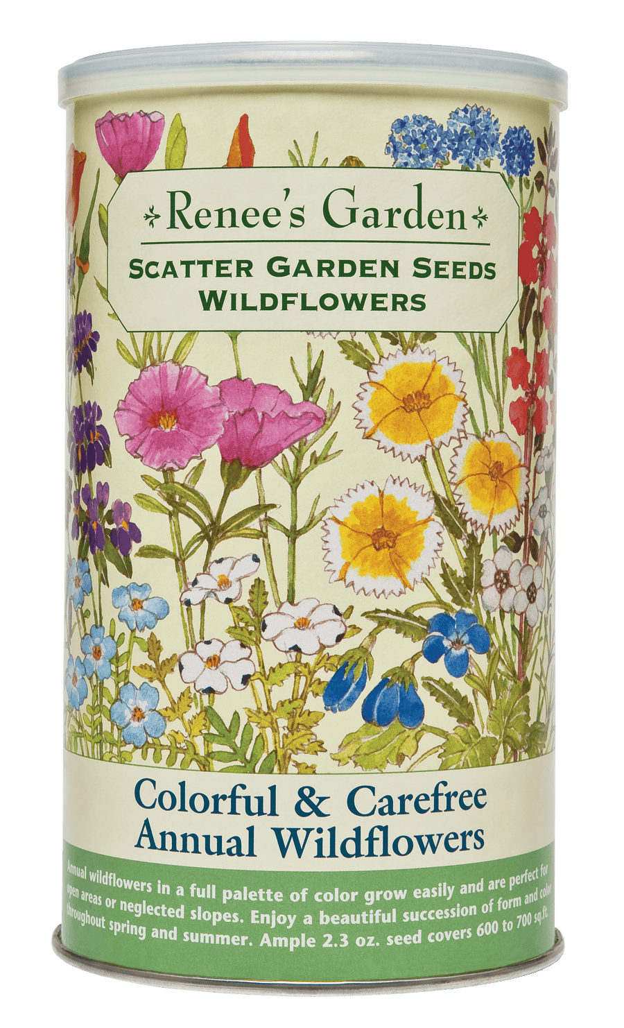Visuel officiel de Renee's Garden associé aux semences de Mélange de fleurs Wildflowers, référence RN8186. Ce mélange de fleurs annuelles aux couleurs variées est proposé en boîte à semer. Les floraisons successives donnent une allure naturelle aux espaces ouverts. Le format annoncé contient environ 50 g (1,8 oz) de semences pour environ 46 m² (500 pi²).