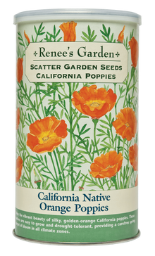 Visuel officiel de Renee's Garden associé aux semences de Pavot de Californie orange, référence RN8187. Les fleurs en coupe dominent un feuillage gris-vert finement découpé. Ces pavots conviennent aux endroits chauds et secs. Le format en boîte à semer contient environ 51 g (1,8 oz) pour une surface annoncée d’environ 46 m² (500 pi²).