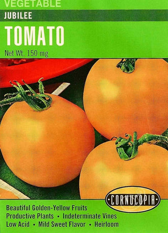 Visuel officiel de Cornucopia associé aux semences de Tomate ‘Golden Jubilee’, référence CS252. Les fruits jaunes d’environ 225 g (8 oz) possèdent peu de graines et une saveur douce. Ils conviennent aux salades, aux salsas et aux sandwichs. Les plantes sont indéterminées; la récolte est annoncée environ 80 jours après le repiquage.