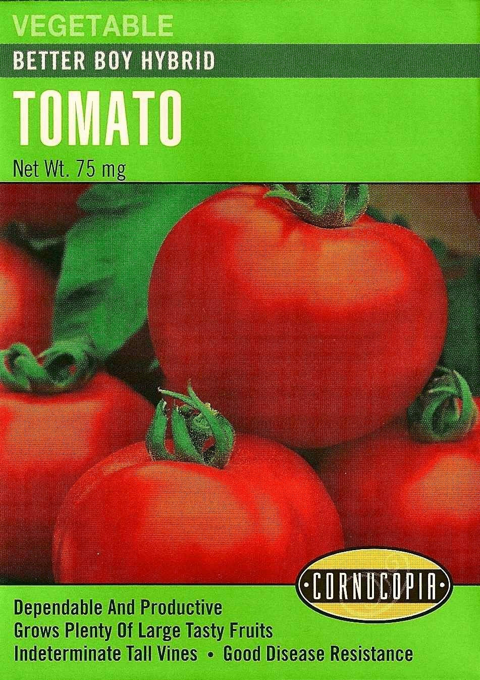 Visuel officiel de Cornucopia associé aux semences de Tomate ‘Better Boy’, référence CS182. Les fruits savoureux peuvent atteindre environ 450 g (1 lb). Cet hybride possède un port indéterminé et demande un support. Le semencier annonce une récolte autour de 75 jours après le repiquage. Cette image accompagne la fiche de cette sélection et permet de repérer le produit correspondant dans le catalogue de semences.