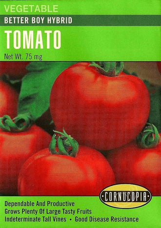 Visuel officiel de Cornucopia associé aux semences de Tomate ‘Better Boy’, référence CS182. Les fruits savoureux peuvent atteindre environ 450 g (1 lb). Cet hybride possède un port indéterminé et demande un support. Le semencier annonce une récolte autour de 75 jours après le repiquage. Cette image accompagne la fiche de cette sélection et permet de repérer le produit correspondant dans le catalogue de semences.
